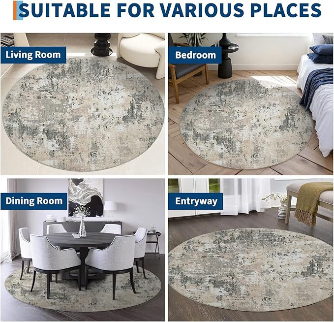 ROYHOME Modern Abstract 6x6 Round Area Rug Non Slip Non Shedding Rug Low Pile Stain Resistant for Bedroom Living Room Office Dining Room,Grey Yellow