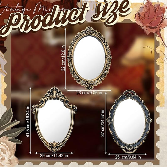 Beeveer 3 Style Vintage Mirrors Set Decorative Oval Wall Mirror Small Antique Mirrored Tray Decorative Hanging Mirror for Bathroom Bedroom Jewelry Organizer Victorian Decor (Shield,Antique Gold)