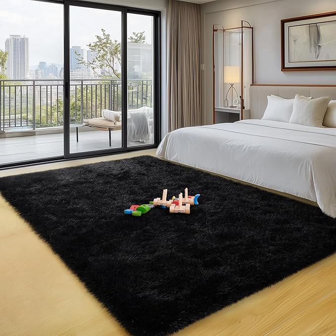 qulint Black Area Rug for Living Room, 4x6 Fluffy Rug for Bedroom Soft Shag Small Carpet for Nursery, Fuzzy Plush Shaggy Alfombras for Boys and Girls Dorm Kid Room Modern Home Decor (4ft x 6ft, Black)