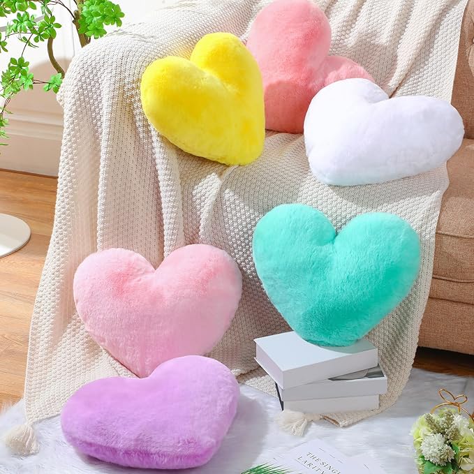 Liliful 6 Pcs Faux Rabbit Fur Heart Pillows Fluffy Heart Throw Pillows Cute Couch Cushion Soft Decorative Throw Cushion for Bed Sofa Girls Women(17 x 14 Inch,Candy Color)