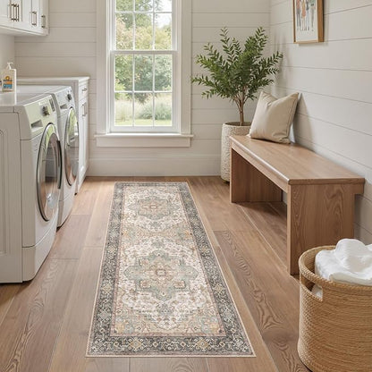 EIEIHOUSE Washable 2x6 Runner Rug - Area Rugs Neutral Vintage Distressed Floral Farmhouse Boho Large Soft Floor Rug Indoor Carpet for Hallway Entryway Bedroom Kitchen - Forest Green Orange