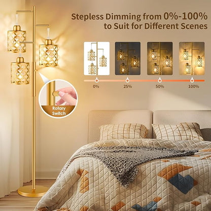 Dimmable Floor Lamp, Farmhouse Standing Lamp with Elegant Metal Cage, Industrial Tall Tree Floor Lamps for Living Room, Bedroom, Study Room, Office, 2000LM LED Bulbs Included - 68", Gold
