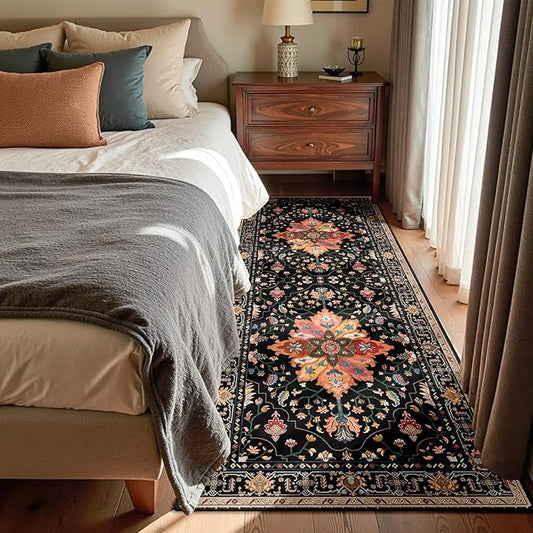 RELEANY Area Rugs 3'x7' Runner Rug Non Slip Washable for Kitchen Hallway Bedroom Beside Laundry Room Bathroom Rug, Floor Carpet, Black Colorful Floral Dark Tan