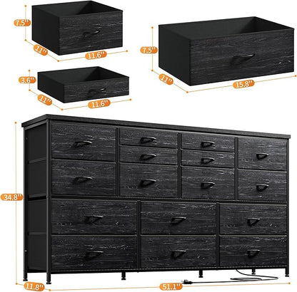 16 Drawers Long Dresser for Bedroom, 51"W Dressers with Power Outlets for 60"Inch TV for Living Room, Entertainment Center with Storage, Media TV Stand Console Table 51.1''W*11.8''D*34.8''H, Black