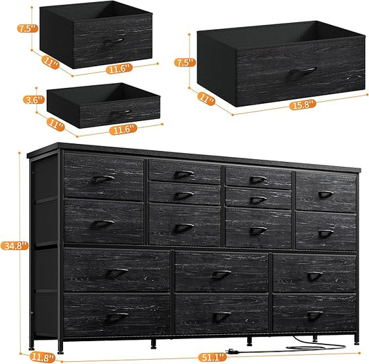 16 Drawers Long Dresser for Bedroom, 51"W Dressers with Power Outlets for 60"Inch TV for Living Room, Entertainment Center with Storage, Media TV Stand Console Table 51.1''W*11.8''D*34.8''H, Black