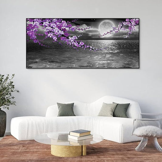 yiijeah Large Purple Wall Art Decor for Living Room Bedroom Framed Black and White Seascape Full Moon Purple Flower Painting Canvas Picture Modern Hand-Painted Plum Blossom Artwork for Home Office