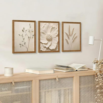 JLTULT 3 Piece Framed Neutral Beige Floral Canvas Wall Art, Modern Simple Texture Blossom Wall Decor, Vintage Botanical Flower Art Prints for Living Room Bedroom Farmhouse 12x16 inch Ready to Hang