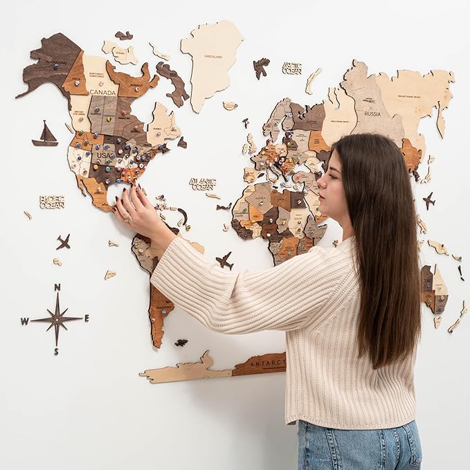 Enjoy The Wood 3D Wooden World Map Wall Art - Large Travel Map with Pins for Art Decor - Decorative Map of the World for Home, Office - Travel Wall Art Housewarming Gift Idea (Multicolor, 2XL, Unframed)