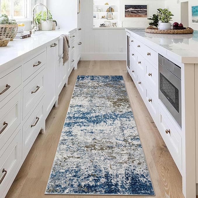 ROYHOME 2x6 Modern Abstract Runner Rug Non Slip Soft Machine Washable Stain Resistant Rugs Low Pile Non Shed Rug for Hallway Kitchen Bathroom, Navy
