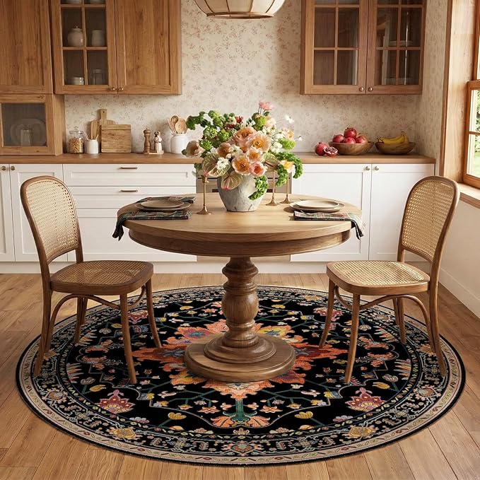 RELEANY Area Rugs Round 6ft Washable Non-Slip, Floral Vintage Distress Print Pattern Medallion Carpet for Living Room Bedroom Dining Room, Black Colorful Floral Dark Tan