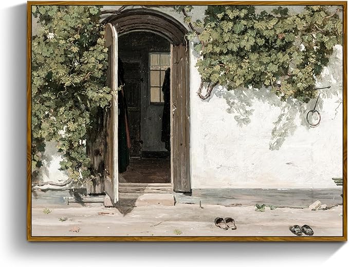 crmotu Vintage Framed Wall Art, Country Landscape Canvas Prints, Grapevine Gate Rustic Farmhouse Decor Painting, Nature Green Scenery Pictures Wall Decor Living Room Bedroom Bathroom Office 16x24in