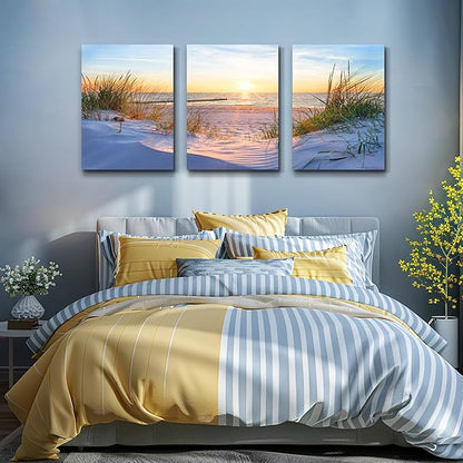 MHARTK66 Large Canvas Wall Art For Bedroom Wall Decor For Living Room Modern Office Pictures Wall Artwork Blue Sun Beach Grass Ocean Landscape Paintings Canvas Art Prints Home Decorations 3 piece
