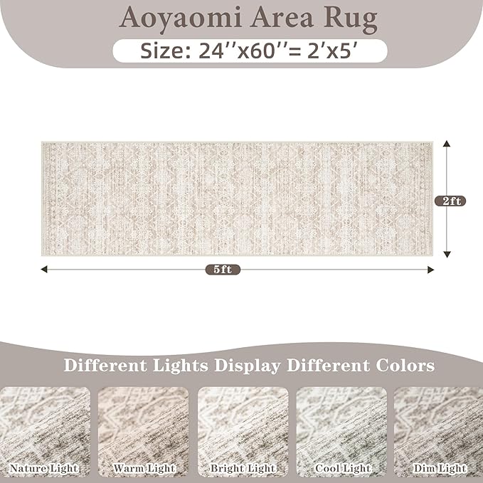 Runner Rug 2x5 Boho Geometric Area Rugs: Small Washable Kitchen Entryway Rug, Soft Non Slip Moroccan Long Hallway Rugs for Bedroom Bathroom Laundry Entryway Staircase Foyer(Ivory Mocha,2'x5')