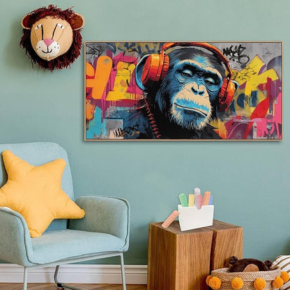 Sorbrozo DJ Gorilla with Headphones - Vibrant Street Graffiti Canvas Wall Art Colorful Animal Painting for Boys Room Music Themed Home Decor 20x40in