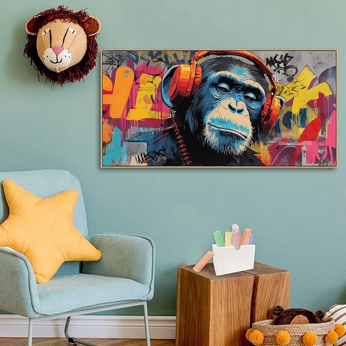 Sorbrozo DJ Gorilla with Headphones - Vibrant Street Graffiti Canvas Wall Art Colorful Animal Painting for Boys Room Music Themed Home Decor 24x48in