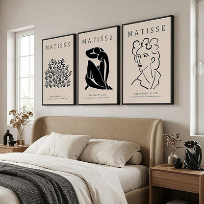 Framed Matisse Canvas Wall Art for Living Room, Set of 3 Abstract Black and White Minimalist Botanical Prints for Walls, Modern Aesthetic Pictures for Bedroom, Dining Room, Hallway and Office, Total Size 30x60