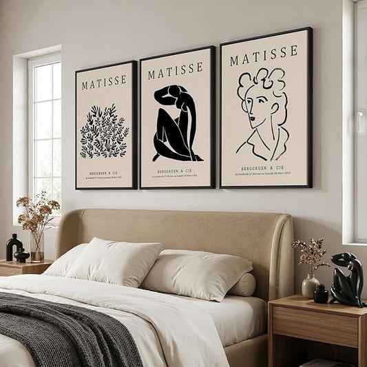Framed Matisse Canvas Wall Art for Living Room, Set of 3 Abstract Black and White Minimalist Botanical Prints for Walls, Modern Aesthetic Pictures for Bedroom, Dining Room, Hallway and Office, Total Size 30x60