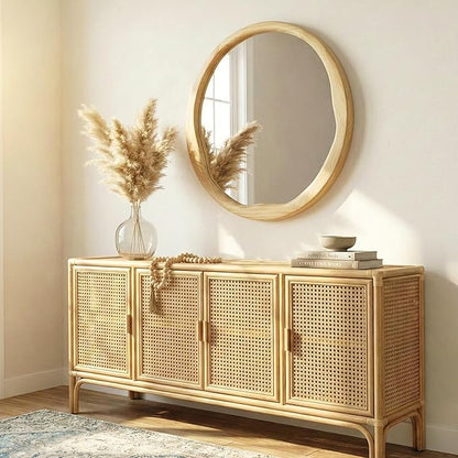 Natural Wood Round Mirror 24 Inch, Solid Wood Framed Wall Mirror with Irregular Wavy Inner Edge for Bathroom Vanity, Bedroom & Boho Decor