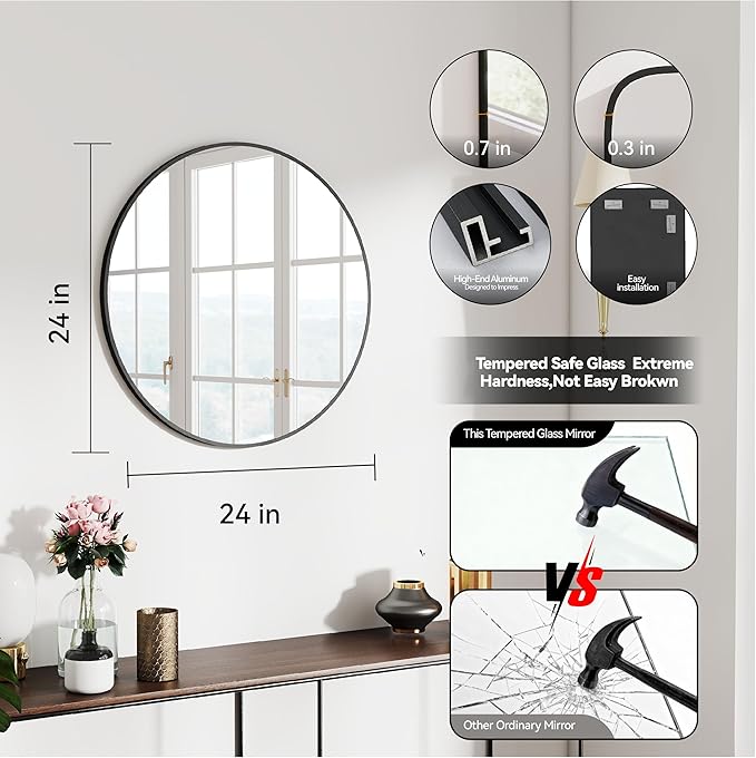 SCWF-GZ 24" Round Mirror Circle Wall Mounted Hanging or Against Wall Aluminum Alloy Metal Frame Dressing Make-up Mirrors for Entryway Bedroom Bathroom Living Room 24 inch Black