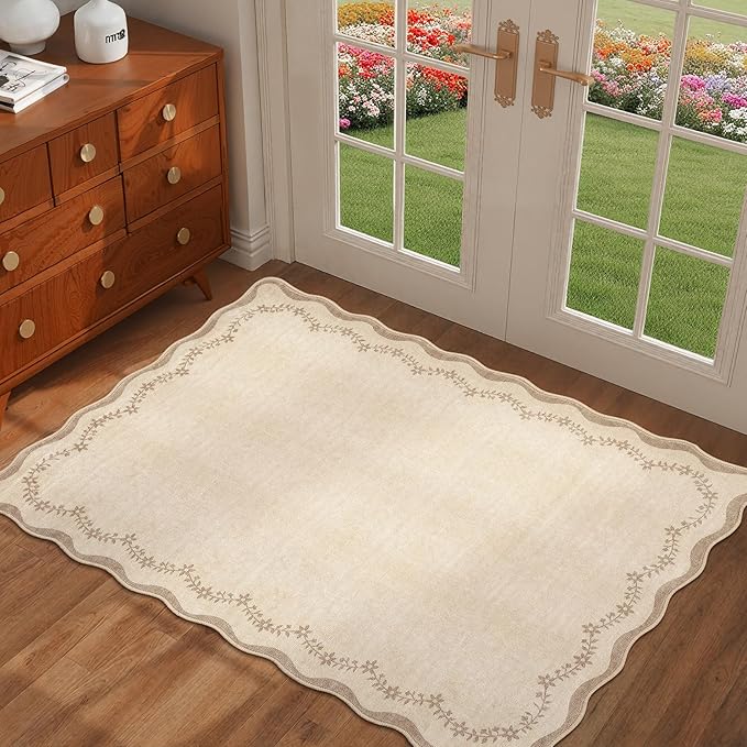 GarveeHome Scalloped Entryway Rug, 2x3 Solid Jute Washable Front Door Rug Indoor Entrance Floral Carpet Non-Slip Low Pile Throw Rugs for Kitchen Floor, Powder Room, Entry, Bathroom, Kids Room