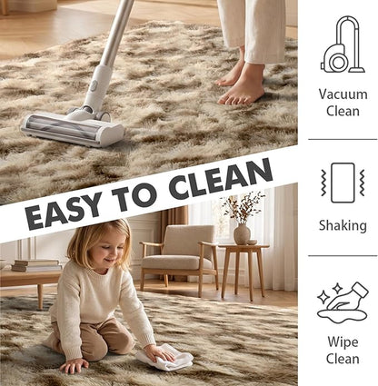 4x6 Ft Shag Area Rug for Bedroom Living Room, Tie-Dyed Ultra Soft Fluffy Furry Rugs for Indoor Floor, Aesthetic Carpet for Kids Home Decor (Khaki)