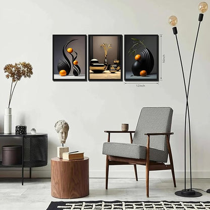 raiqtols Modern Abstract Framed Wall Art for Living Room Set of 3 – Bright Style Orange Still Life Canvas Prints, Smooth Surface Vase Wall Decor with Black Wood Frame for Bedroom Bathroom Office – 12x16in