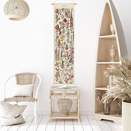 Tegeme Vintage Tapestry 52 x 13 Inch, Long Vertical Wall Hanging Reference Illustrative Botanical Tassel Tapestry for Bedroom Living Room Home Decoration(Flower)