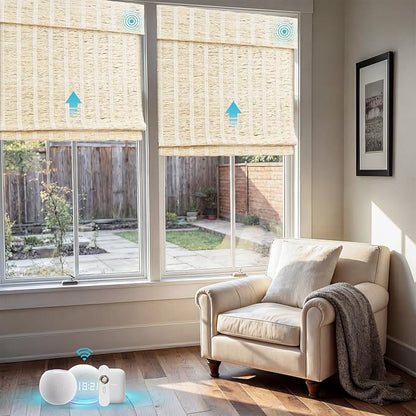 Motorized Bamboo Roman Shades, Motorized Blinds with Remote Compatible with Homekit, Alexa GoogleHome, Smart Wood Woven Shades for Indoor Windows, Customize, Sol Fringe