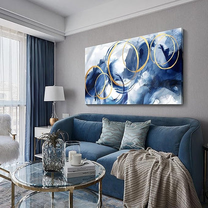 AJAZIKO Abstract Wall Art Blue Modern Art Wall Decor Artwork For Walls Living Room Huge Wall Canvas Office Pictures For Wall Navy Gold Contempor Decorations For Bedroom Size 24x48in