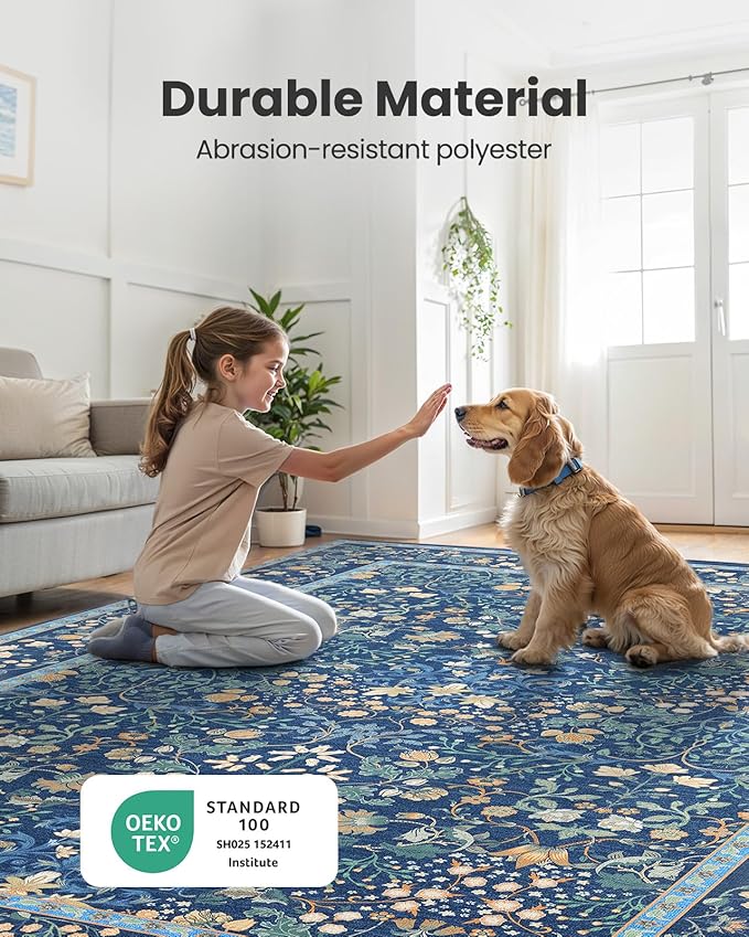 AMADA HOMEFURNISHING 8x10 Washable Area Rugs for Living Room, Non-Slip & Low-Profile Floral Large Area Rug with Durable Edge Binding, Soft Rugs for Living Room, Bedroom, Dining Room