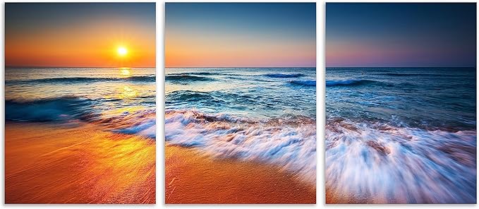 TutuBeer 3 Pcs Ocean Pictures Beach Pictures Beautiful Sunrise over the Sea Picture Print on Canvas Wall Decor Beach Picture Ocean Wall Art Stretched and Framed 12" x 24" x 3 Pcs