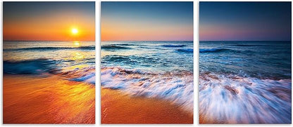 TutuBeer 3 Pcs Ocean Pictures Beach Pictures Beautiful Sunrise over the Sea Picture Print on Canvas Wall Decor Beach Picture Ocean Wall Art Stretched and Framed 12" x 16" x 3 Pcs
