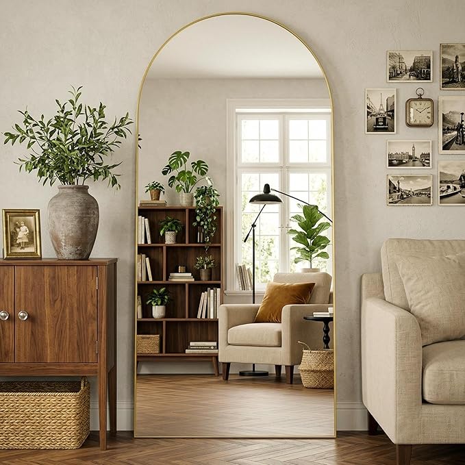 Arched Full Length Mirror 71 x 32 Inch, Full Body Mirror with Stand, Standing Hanging or Leaning Against Wall, Metal Frame Floor Mirror for Bedroom, Living Room, Cloakroom,Gold