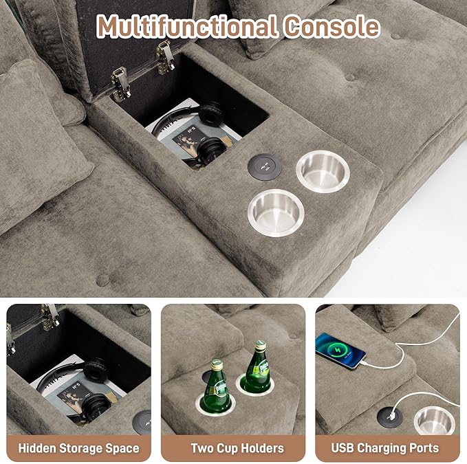134"U Shaped Sectional Couches for Living Room,Oversized Modular Sectional Fluffy Couch with Chaise Lounge & Tufted Buttons,Modern Chenille 6 Seat Living Room Sofa Set with Storage Console,Camel