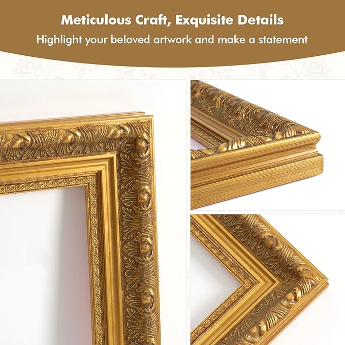 Wood Canvas Frame for 9x12 Oil Paintings Art Prints, Finished Antique Gold 9x12 Frame for Landscape Portrait Office Living Room Wall Decor (No Glass & Backboard)