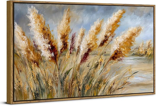 Vintage Wheat Field Framed Wall Art Countryside Golden Wheat Decor Farmhouse Rustic Landscape Picture Canvas Prints for Bathroom Kitchen Decorations Nature Botanical Painting Classical Artwork 30x57.8"