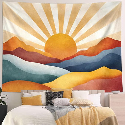 Leeisysme Boho Sun Tapestry, Abstract Retro 70s Mountain Wall Art, Aesthetic Vintage Sunrise Tapestries for Bedroom Living Room Dorm Decor, 60x80 inches