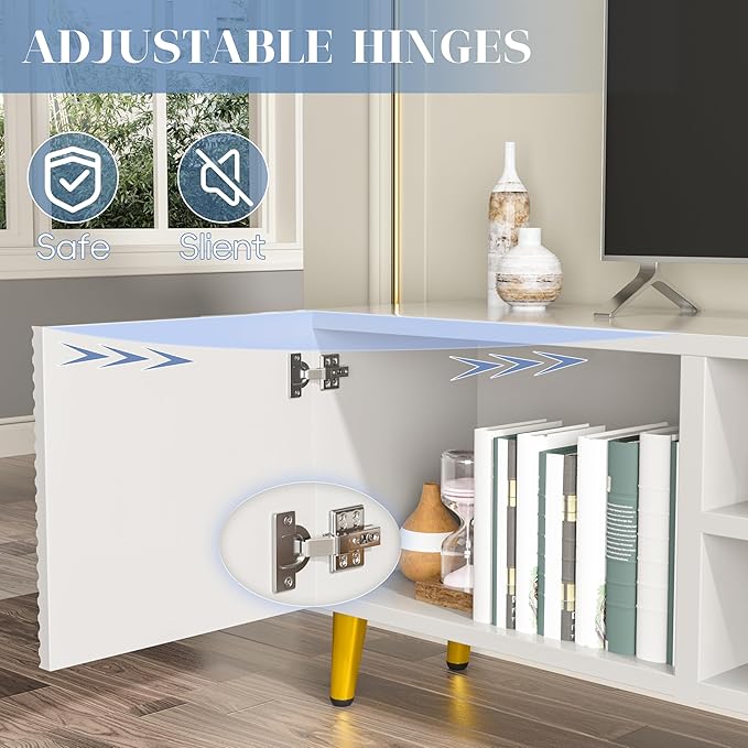 Modern TV Stand for 55/60/65 Inch TV, Entertainment Center with Storage Cabinet and Open Shelves, Media Console Table for Living Room, Bedroom, White & Gold