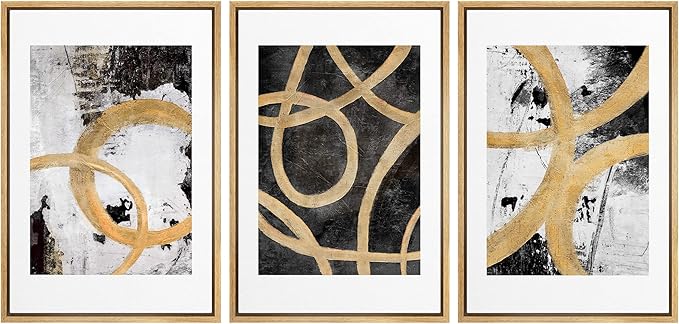 SIGNLEADER Framed Canvas Print Wall Art Set Gold Black Circle Ring Spiral Collage Abstract Shapes Illustrations Modern Art Decorative Contemporary for Living Room, Bedroom, Office - 24"x36"x3 NATURAL
