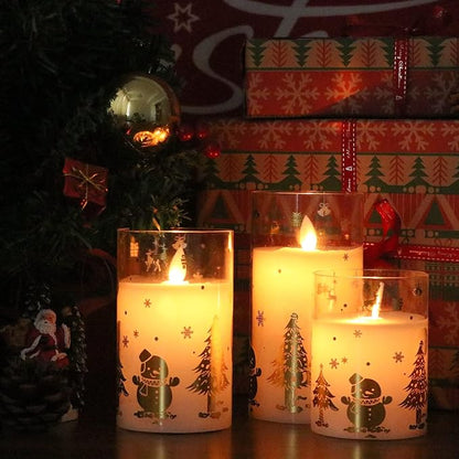 Christmas Battery Operated Flameless Candles Flickering Remote and Timer Glass LED Pillar Candles Moving Wick Real Wax Gold Snowman Christmas Tree Decals Holiday Decor D3 x H4, 5", 6"