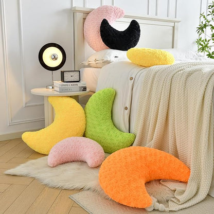 Moon Shaped Pillow with Soft Faux Fur for Couch, Bed, Sofa - Cute Half Moon Pillows with Room Decor for Bedroom, Living Room (14.9 Inches, Black)