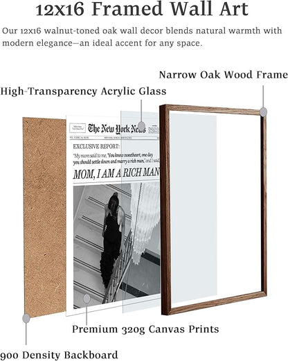EcoHest Trendy Newspaper Framed Wall Art, Walnut Color 12x16 in OAK Wood Mom I Am a Rich Man Canvas Art, Magazine Girly Poster College Dorm Decor, Set of 1 for Bedroom Living Room
