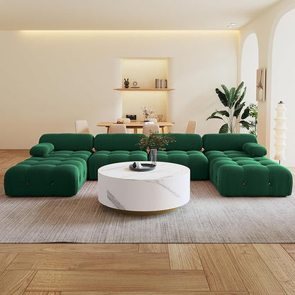 138'' Modular Green Sectional Couch, U-Shaped Velvet Sofa with Reversible Chaise Ottoman, Minimalist 6-Seat Bubble Sofa, Modern Cloud Sectional Couches for Living Room, Apartment (6 Seats,Green)