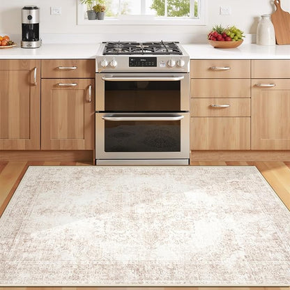 Area Rug 3x5 Vintage Rug: Washable Indoor Medallion Rug Low Pile Distressed Floor Carpet Retro Accent Doormat for Bedroom Bathroom Hallway Kitchen Home Office(Retro Beige, 3'x5')