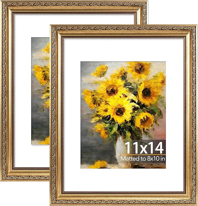 JCJMY 11x14 Vintage Picture Frame with 8x10 Mat Set of 2, Elegant Retro 11 by 14 Photo Frame with Shatter-Resistant Plexiglass for Wall Hanging, Gallery Decor & Gift, Gold, 2 Pack