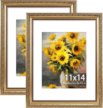 JCJMY 11x14 Vintage Picture Frame with 8x10 Mat Set of 2, Elegant Retro 11 by 14 Photo Frame with Shatter-Resistant Plexiglass for Wall Hanging, Gallery Decor & Gift, Gold, 2 Pack