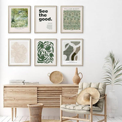 Habseligkeit Green Wall Art Prints, Retro Wall Decors for Room Aesthtic, Abstract Posters for Bedroom Decor Aesthetic Framed, 8X10in, Set of 6