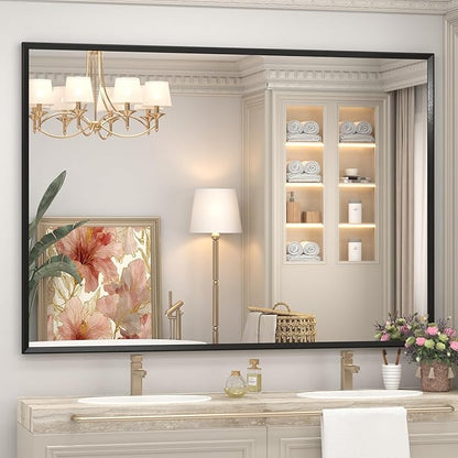 55" x 40" Matte Black Bathroom Mirror for Wall, Rectangular Beveled Vanity Mirror with Aluminum Alloy Frame, Right Angle Corner, HD Reflection, Horizontal or Vertical Mount
