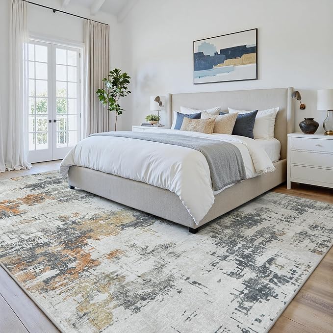 Area Rug 6x9 Living Room Rug Washable: No-Slip Abstract Soft Thin Large Grey Rugs, Indoor Floor Stain Resistant Modern Carpet for Bedroom Dining Room Farmhouse Nursery Home Office (Grey, 6'x9')