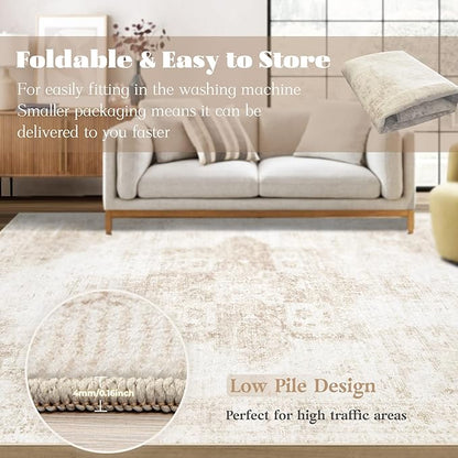 Area Rug 9x12 Washable Rug, Vintage Boho Medallion Rugs Non-Slip Soft Low Pile Large Distressed Rug Indoor Retro Carpet for Living Room Bedroom Dining Room Home Office (Beige, 9'x12')